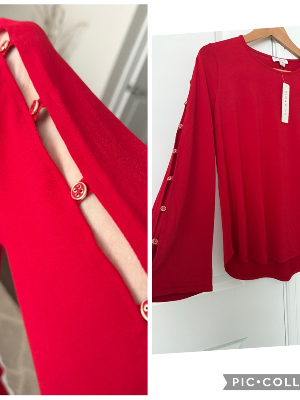 NWT!!  Women's Red Long-Sleeve Blouse with Decorative Button Sleeve Detail